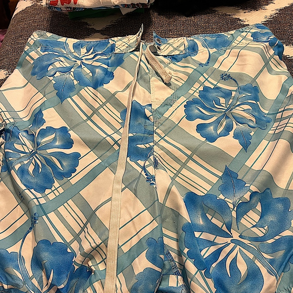 Mens Graphic Sports swim trunks, Blue and white, XXL